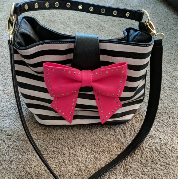 Betsey Johnson Handbags - Betsey Johnson Pink Bow Black White Stripe Purse